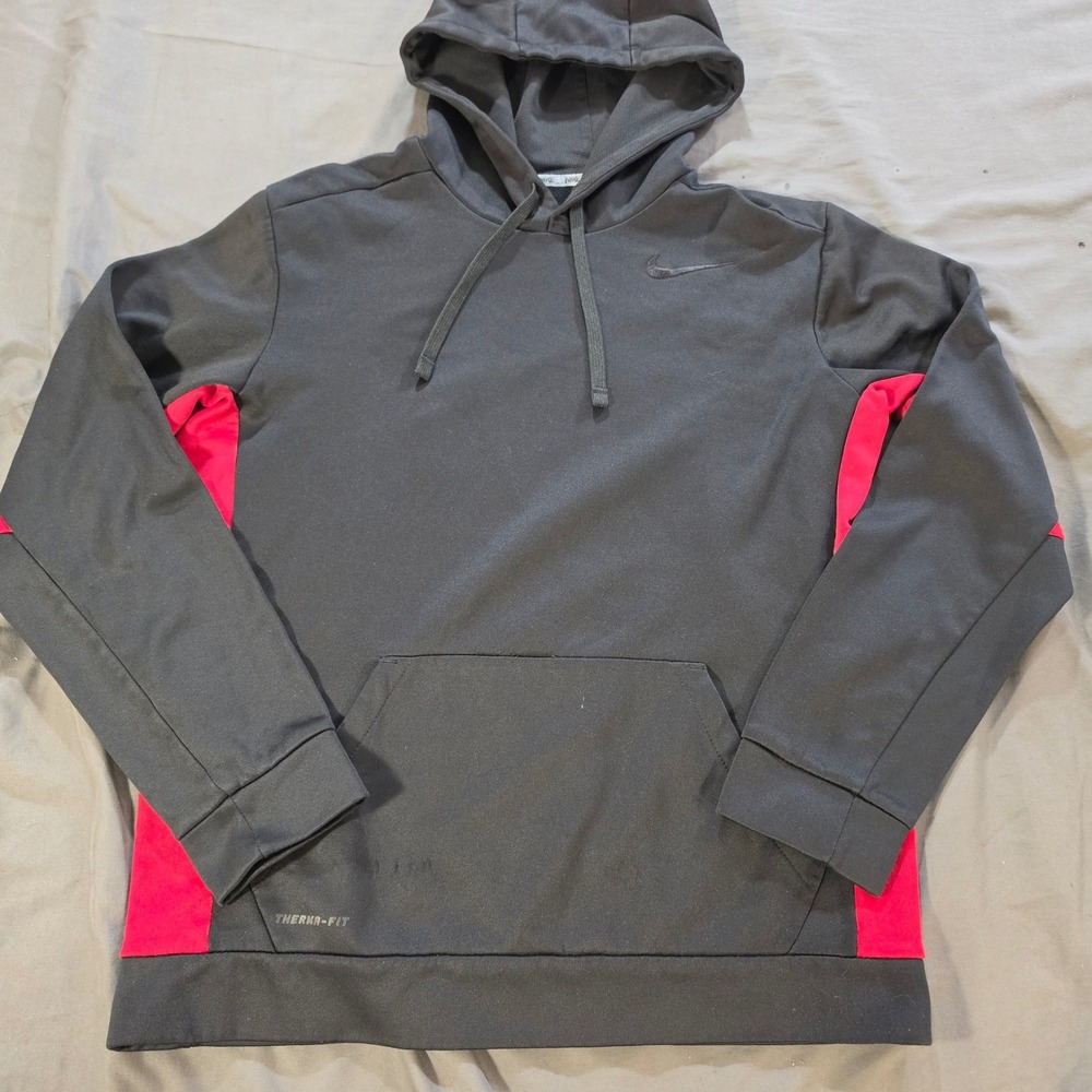 Nike Therma-FIT Hoodie Mens Medium Grey Red Pullover Sweatshirt Swoosh Logo
